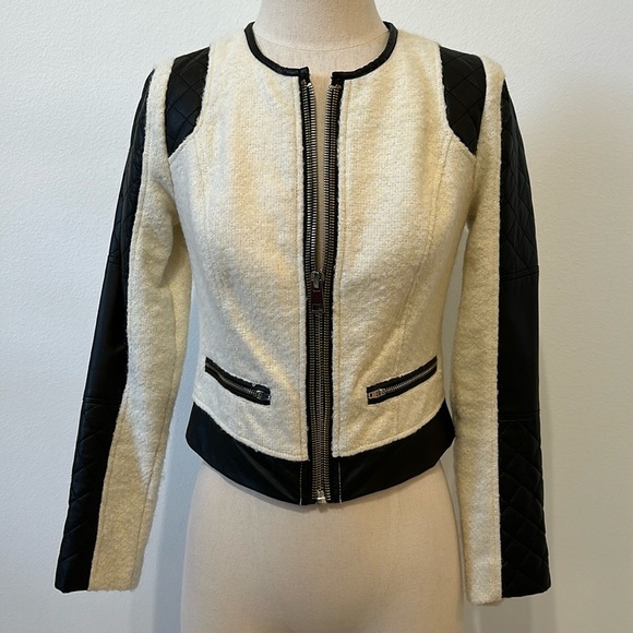 Bebe Wool Cropped Jacket with Faux Leather and Zipper Design Accents - XS. - Picture 1 of 9